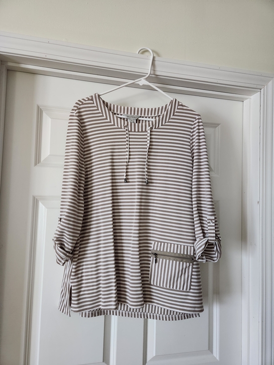 Multiples Tops - Multiples Taupe and White Striped Pullover Tunic with Pocket, Size Medium,